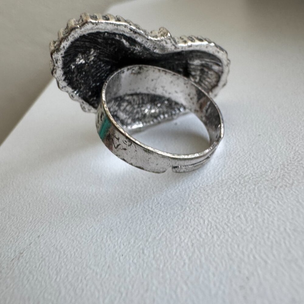 Silver Tone Heart Statement Ring Adjustable Antique Finish - Picture 4 of 5